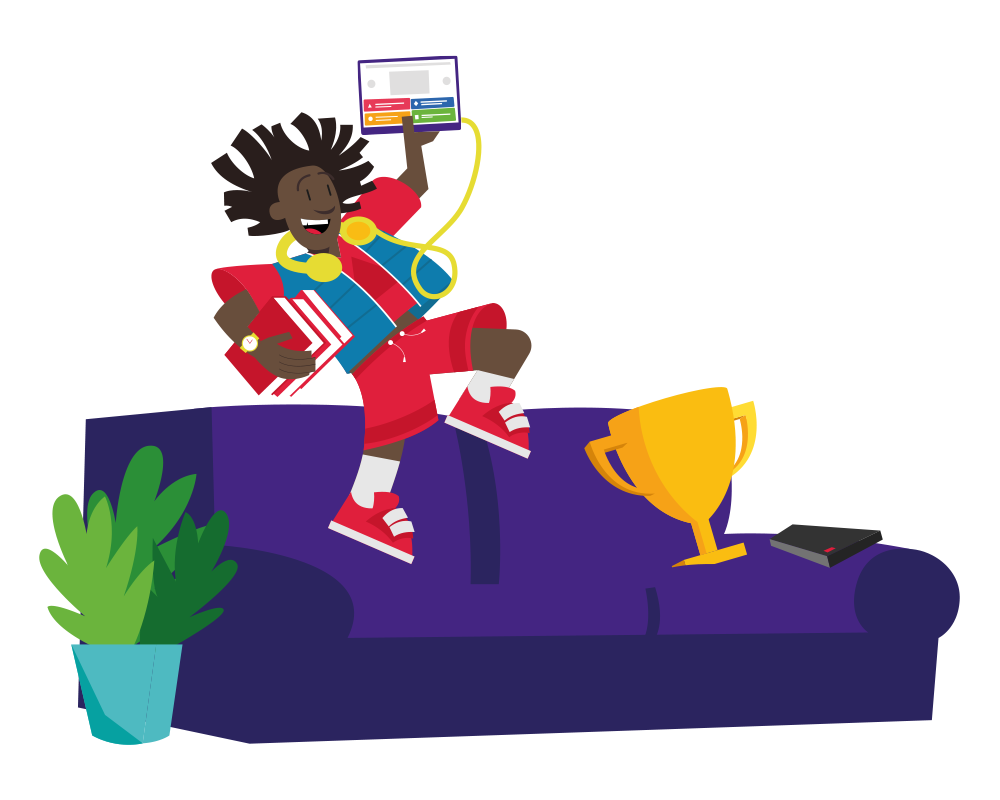 Kahoot branded illustration of a boy dancing for joy on his couch after winning his computer game.