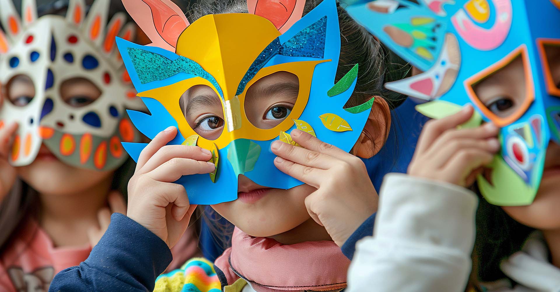 A group of young children are holding colorfully handcrafted paper masks in front of upper face with eyes peering through.