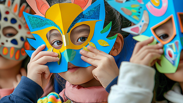 A group of young children are holding colorfully handcrafted paper masks in front of upper face with eyes peering through.